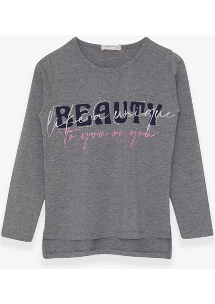 Kız Çocuk Uzun Kollu Tişört Taşlı Yazı Baskılı 10-16 Yaş, Koyu Gri Melanj