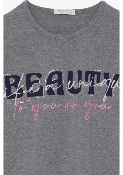 Kız Çocuk Uzun Kollu Tişört Taşlı Yazı Baskılı 10-16 Yaş, Koyu Gri Melanj modelleri