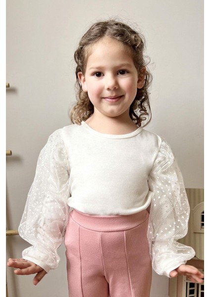 Kız Çocuk Bluz Kolları Tül Detaylı 3-7 Yaş, Ekru
