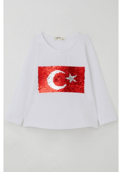 Kız Çocuk Uzun Kollu Tişört Pullu Ay Yıldız 4-14 Yaş, Beyaz