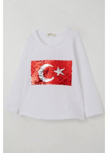 Kız Çocuk Uzun Kollu Tişört Pullu Ay Yıldız 4-14 Yaş, Beyaz