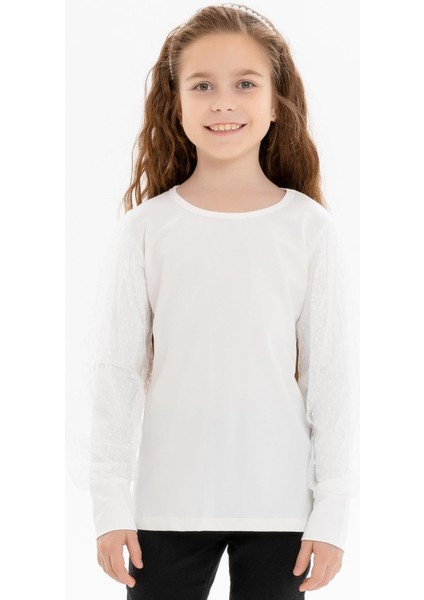 Kız Çocuk Bluz Kolları Tül Detaylı 8-12 Yaş, Ekru