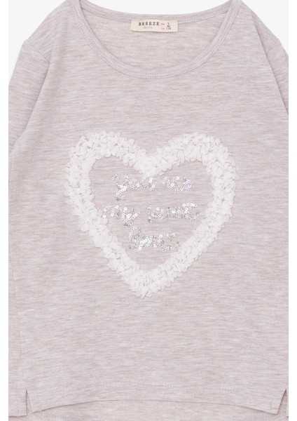 Kız Çocuk Uzun Kollu Tişört Simli Kalp Baskılı 5-10 Yaş, Bej Melanj modelleri