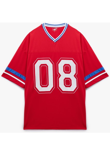 Yarım Kollu V Yaka Ribanalı Kolej Baskılı Spor Tişört