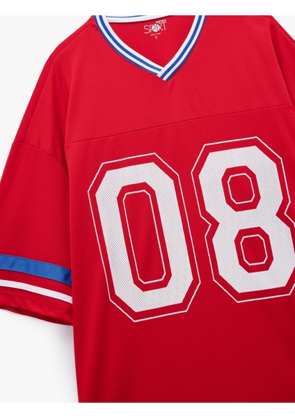 Yarım Kollu V Yaka Ribanalı Kolej Baskılı Spor Tişört modelleri