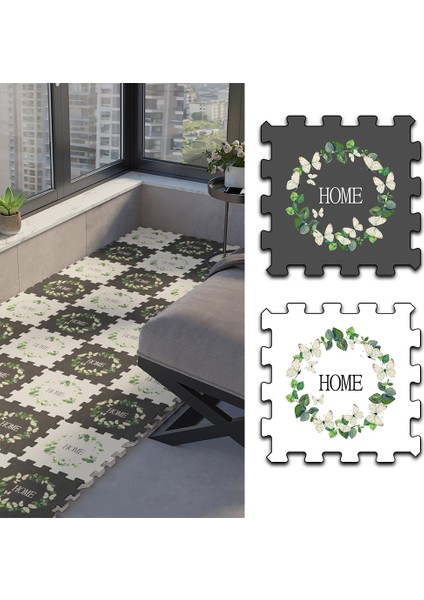 Dijital Baskılı Yaprak Desenli Home Yazı Karakterli Balkon Halısı Yolluk Yapboz Puzzle Japon Halı