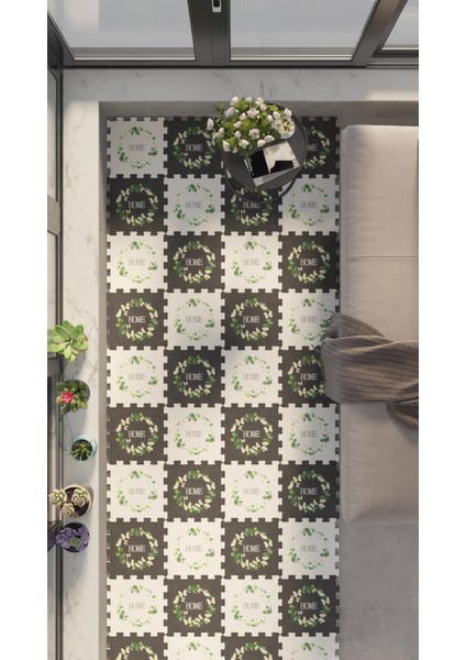 Dijital Baskılı Yaprak Desenli Home Yazı Karakterli Balkon Halısı Yolluk Yapboz Puzzle Japon Halı