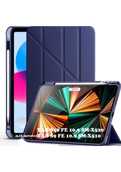 Samsung Galaxy Tab S9 Fe/S10 Fe 10.9 Kılıf Kalem Bölmeli Trifolding Yatay Dikey Standlı Case Hediye Kalemli SM-X520 SM-X510