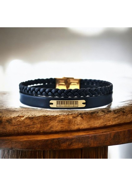 14 Ayar Altın Plakalı Erkeklere Özel Piyano Detaylı Dikdörtgen Motifli Derili Bileklik-392pıyano-Siyah