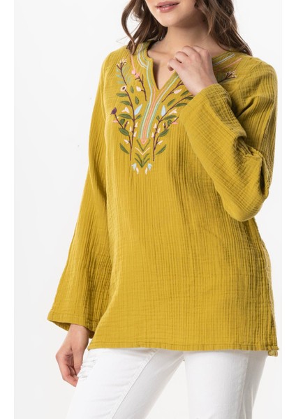 Uzun Kol Çiçek V Yaka Nakışlı Müslin Yazlık Bluz Beyaz Byz modelleri