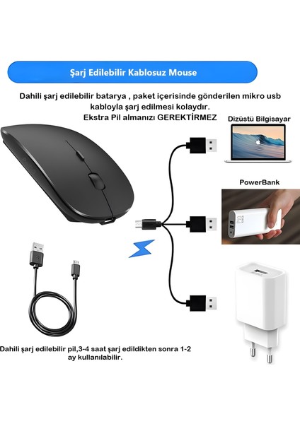 Anaway Shopping Bluetooth Şarjlı 2.4ghz Kablosuz Mouse | Sessiz Tıklama | Ergonomik Tasarım | Telefon,tablet, Pc, Mac, Laptop Uyumlu modelleri