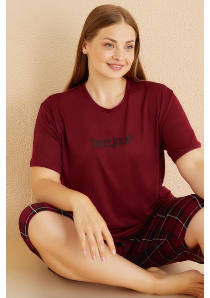 Kadın Büyük Beden Kısa Kol Kapri Mürdüm Pijama Takımı 50503-771
