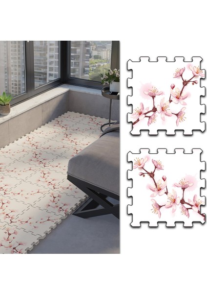 Dijital Baskılı Gül Desenli Balkon Halısı Yolluk Yapboz Puzzle Japon Halı