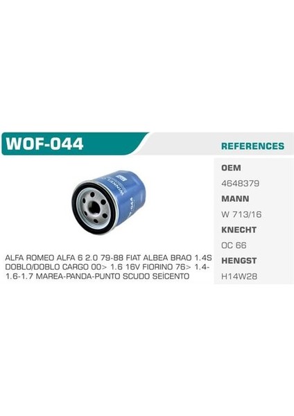 Wınkel Wof-44 Yağ Filtresi Murat 131 Slx Palio 1.6 16V 1.4 Albea 1.2 -01 1.6 16V Tempra 1.6ıe Tipo 1.4ıe Uno Marea 1.6 16V Brava Bravo