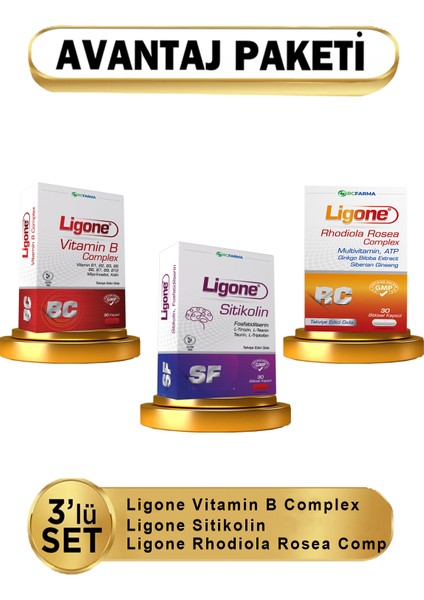 Sitikolin + Ligone Vitamin B Complex + Ligone Rhodiola Rosea 3lü ( Avantajlı Paket )