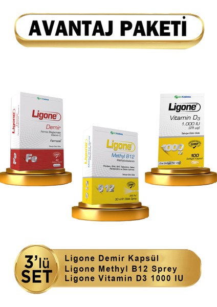 Demir + Ligone Vitamin B12 + Vitamin D3 3lü ( Avantajlı Paket)