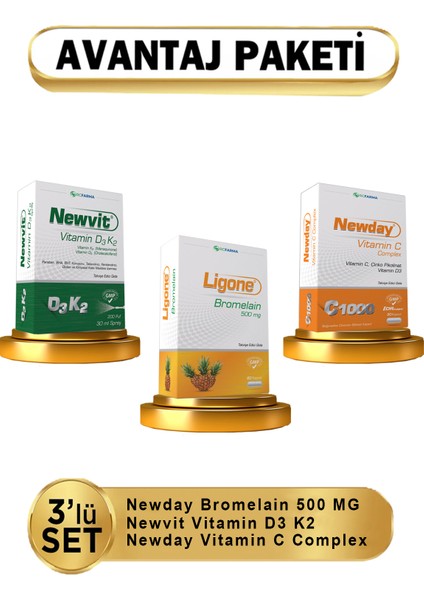 Bromelian + Newvit D3K2 + Vitamin C Complex 3lü ( Avantajlı Paket )