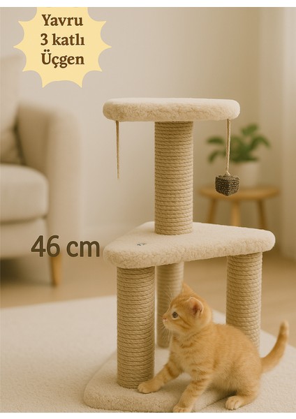 Yavru Kedi Için 46 cm Üçgen Krem Renk Tırmalama Tahtası – 3 Katlı Şık Tasarım, Kaliteli Peluş Yumuşacık Kumaş ve %100 Jüt Ip,