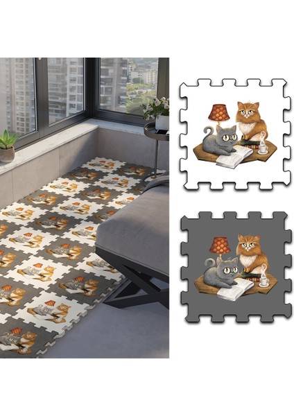 Dijital Baskılı Kedi Figürlü Balkon Halısı Yolluk Yapboz Puzzle Japon Halı.