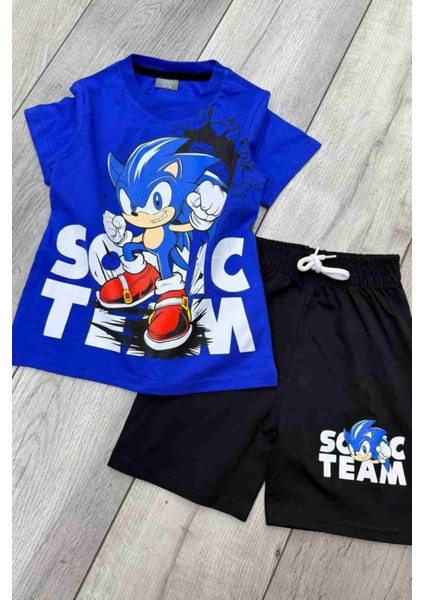 Sonic Baskılı Mavi Tişört ve Siyah Şort Yazlık Çocuk Takım