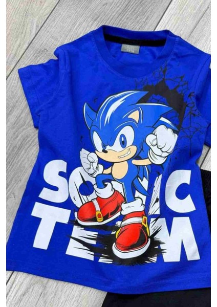 Sonic Baskılı Mavi Tişört ve Siyah Şort Yazlık Çocuk Takım