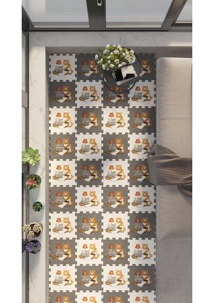 Dijital Baskılı Kedi Figürlü Balkon Halısı Yolluk Yapboz Puzzle Japon Halı.