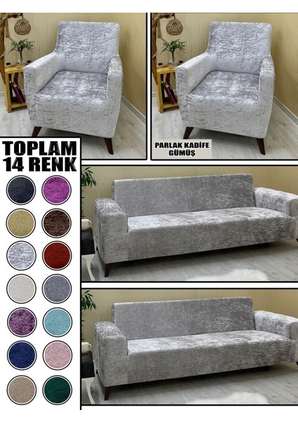 Parlak Kadife Kumaş 2 Adet Üçlü & Çekyat- 2 Adet Tekli Set Koltuk Kılıfı