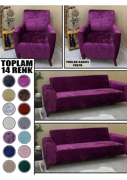 Parlak Kadife Kumaş 2 Adet Üçlü & Çekyat- 2 Adet Tekli Set Koltuk Kılıfı