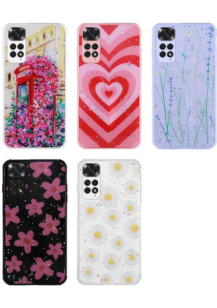 Xiaomi Redmi Note 11 Global Kılıf Simli Desenli Kamera Korumalı Parlak Fygs Popy Kapak-Papatya