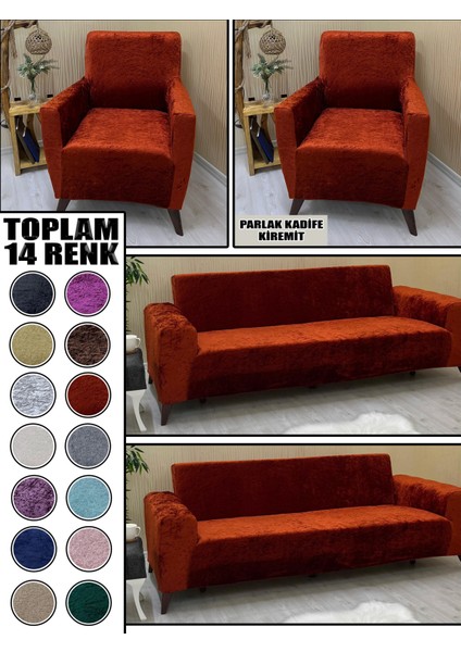 Parlak Kadife Kumaş 2 Adet Üçlü & Çekyat- 2 Adet Tekli Set Koltuk Kılıfı