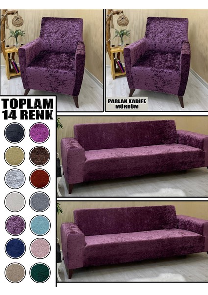 Parlak Kadife Kumaş 2 Adet Üçlü & Çekyat- 2 Adet Tekli Set Koltuk Kılıfı