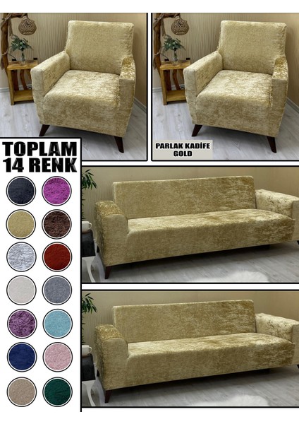 Parlak Kadife Kumaş 2 Adet Üçlü & Çekyat- 2 Adet Tekli Set Koltuk Kılıfı