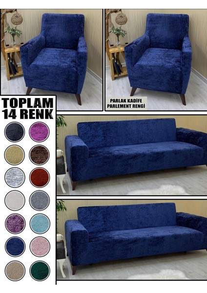 Parlak Kadife Kumaş 2 Adet Üçlü & Çekyat- 2 Adet Tekli Set Koltuk Kılıfı