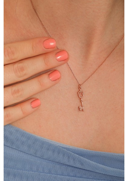 925 Ayar Gümüş Anahtar Kolye Rose (Pembe)-Standart fiyatları