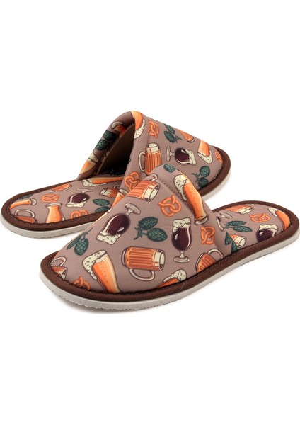 Unısex Bej Kadeh Desenli Yumuşak Tabanlı Ev Terlik