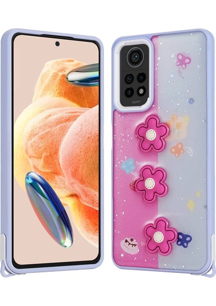 Xiaomi Redmi Note 12 Pro 4g Kılıf Parlayan Sıvılı Simli Kabartma Figürlü Fygs Cevze Kapak-Mor Papatya