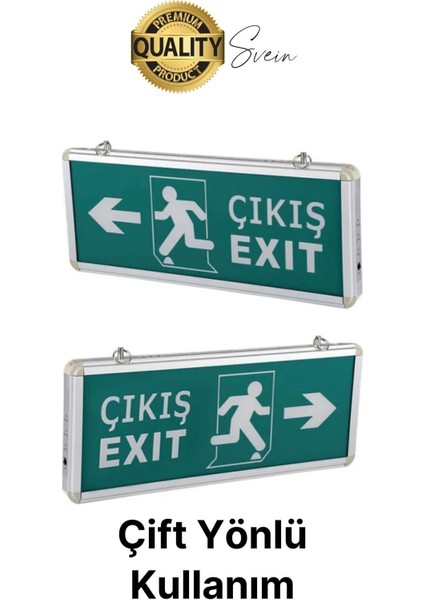 Işıklı Çift Yönlü Acil Çıkış Exit Tabelası Şarjlı Yönlendirme Güvenli Parlayan Uyarı Levhası