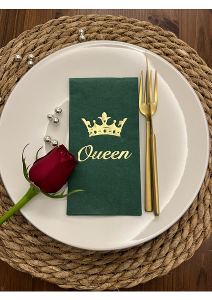 Gold Yaldızlı Yeşil Queen Taç Detaylı Peçete 16 Adet