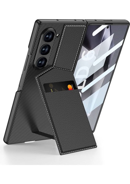 Galaxy Z Fold 6 Kılıf Karbon Fiber Deri Kartlıklı Fygs Kıpta Dik Açılan Kartlıklı Kapak-Siyah