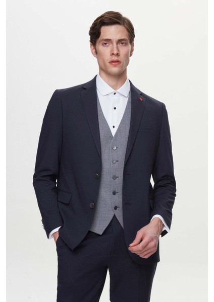 Slim Fit Lacivert Armürlü Takim Elbise Kombinli