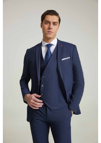 Slim Fit Lacivert Armürlü Mono Yaka Viskonlu Takim Elbise Yelekli