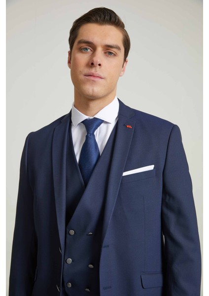 Slim Fit Lacivert Armürlü Mono Yaka Viskonlu Takim Elbise Yelekli