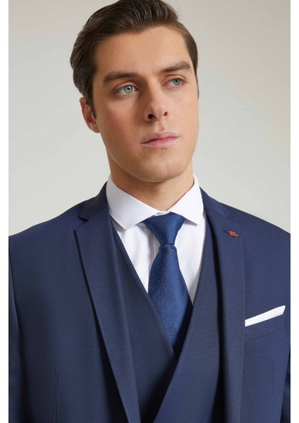 Slim Fit Lacivert Armürlü Mono Yaka Viskonlu Takim Elbise Yelekli
