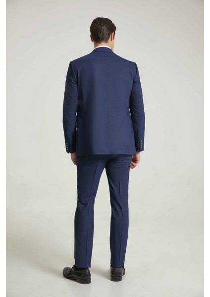 Slim Fit Lacivert Armürlü Mono Yaka Viskonlu Takim Elbise Yelekli