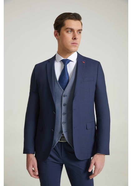 Slim Fit Lacivert Armürlü Mono Yaka Viskonlu Takim Elbise Kombinli