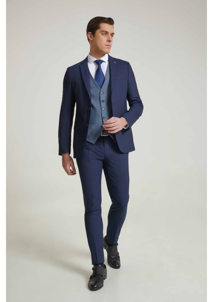 Slim Fit Lacivert Armürlü Mono Yaka Viskonlu Takim Elbise Kombinli