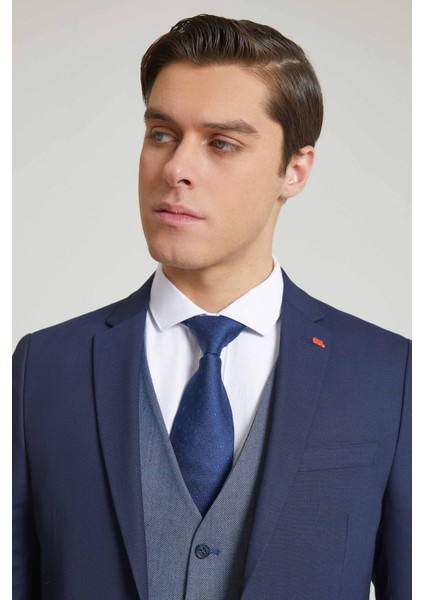 Slim Fit Lacivert Armürlü Mono Yaka Viskonlu Takim Elbise Kombinli