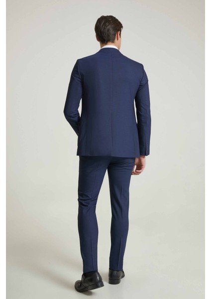 Slim Fit Lacivert Armürlü Mono Yaka Viskonlu Takim Elbise Kombinli