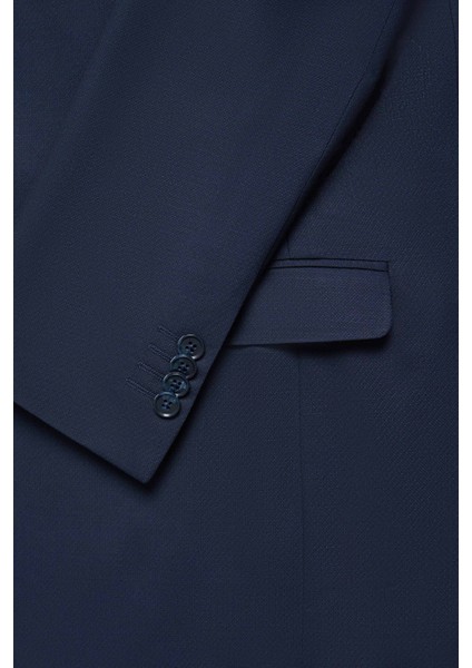 Slim Fit Lacivert Armürlü Mono Yaka Viskonlu Takim Elbise Kombinli