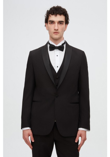 Slim Fit Siyah Düz Damatlık & Smokin Yelekli Takim Elbise